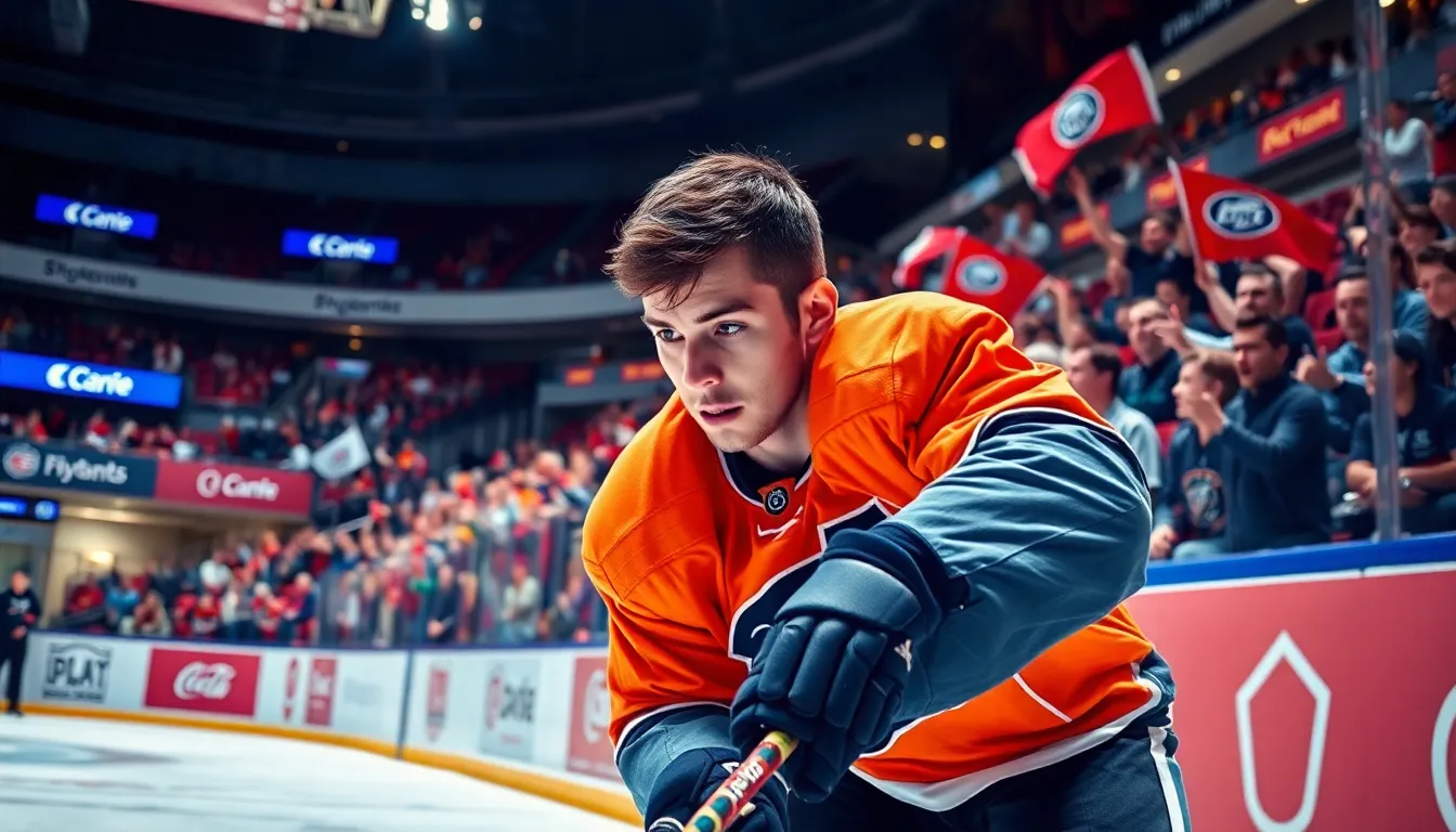 A young hockey player skillfully maneuvers the puck against an excited crowd.