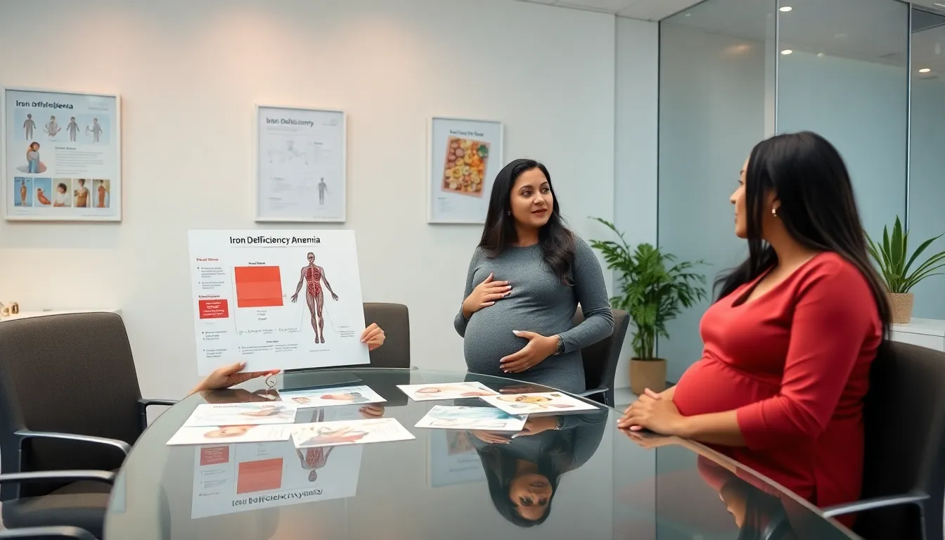 diverse pregnant women discussing iron deficiency in a modern clinic.