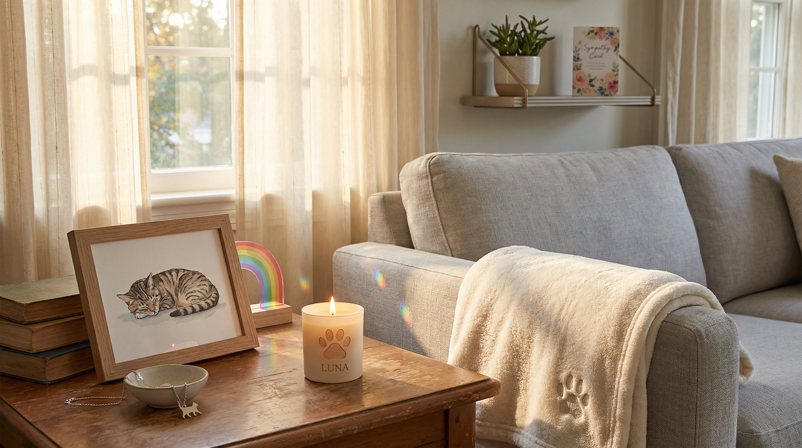 Cat memorial keepsakes including a candle, necklace, and framed portrait on a table.
