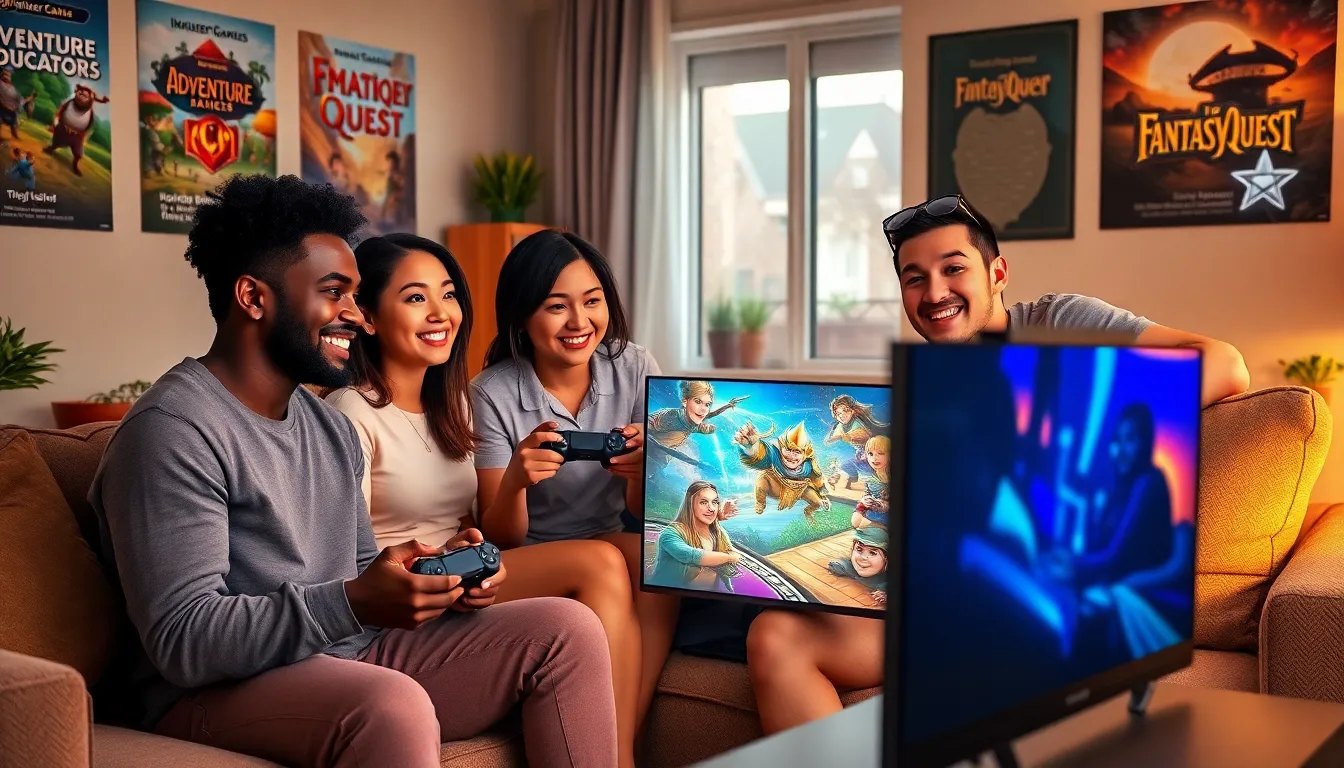 Group of friends playing PlayStation in a cozy living room.