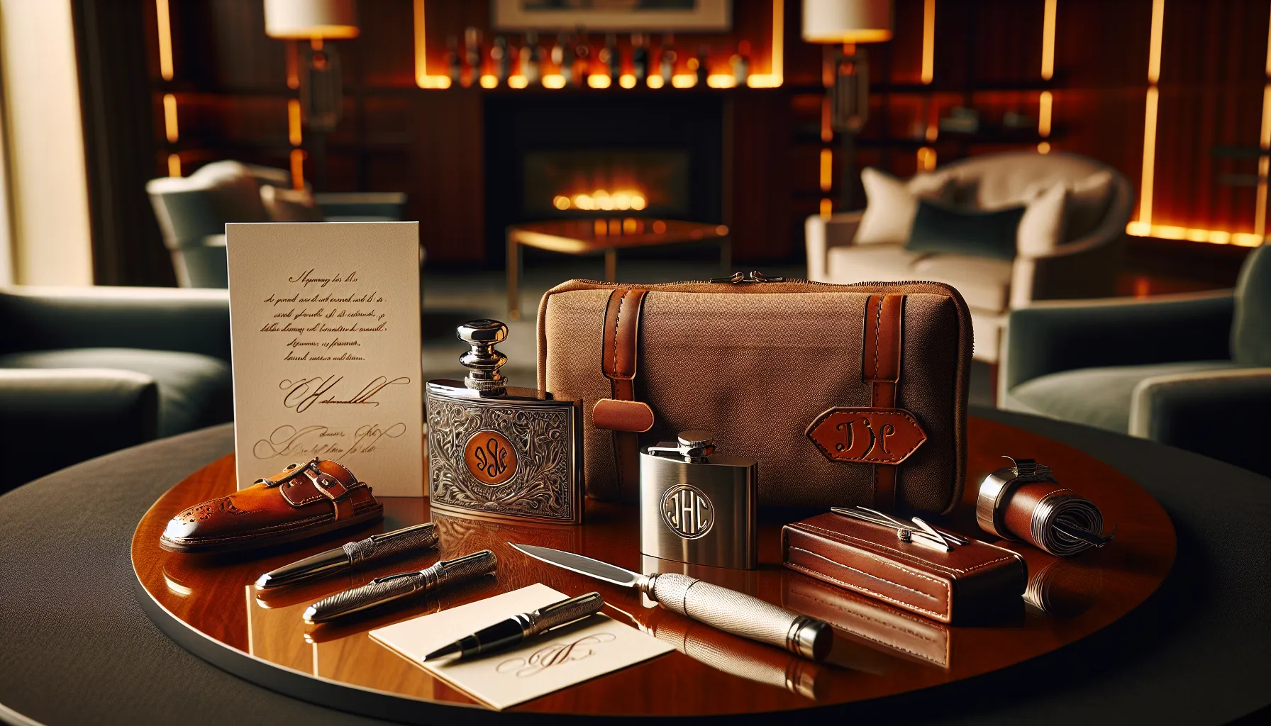 personalized groomsmen gifts on a modern wooden table.