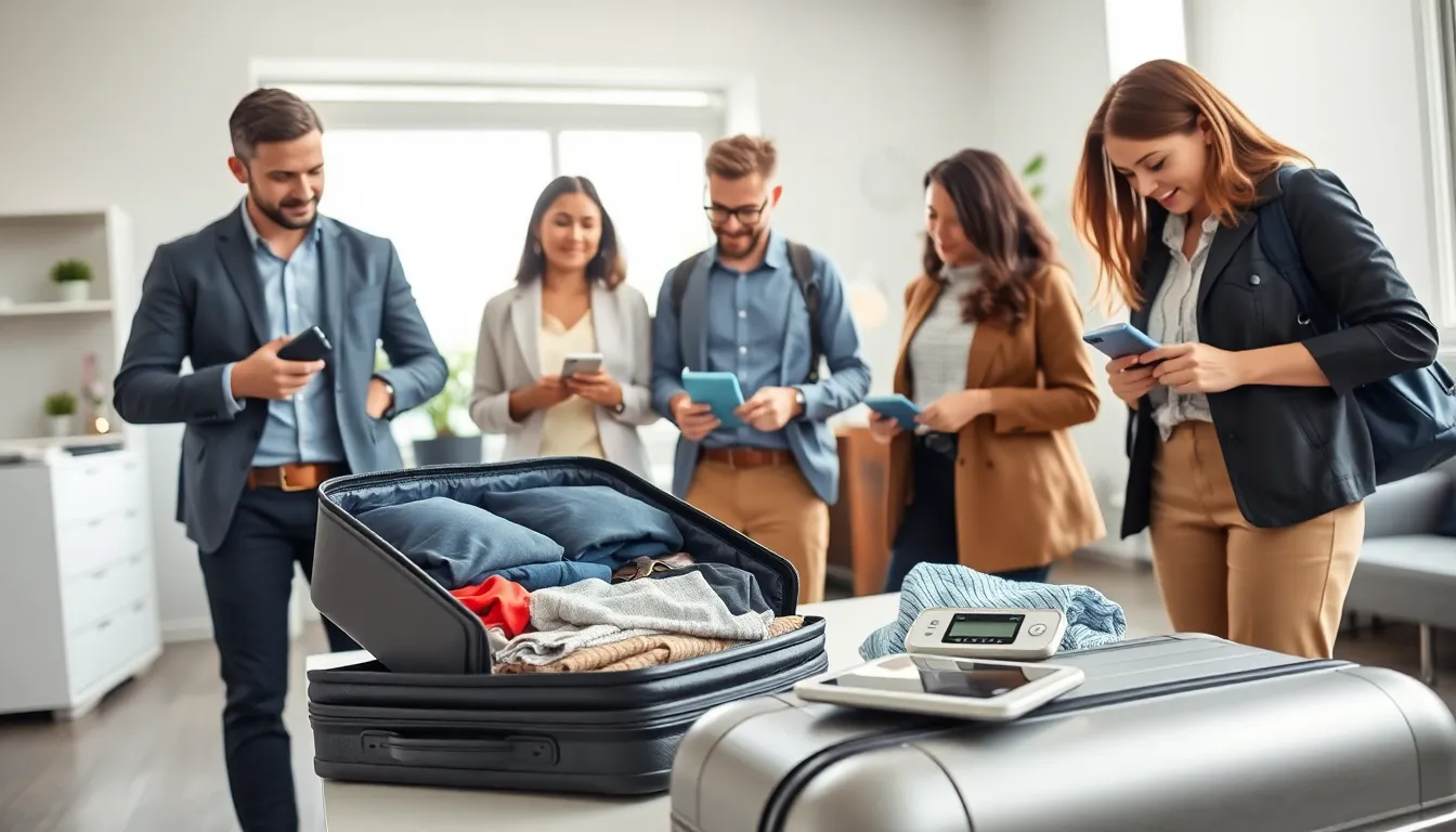 diverse group organizing travel essentials at a modern workspace.
