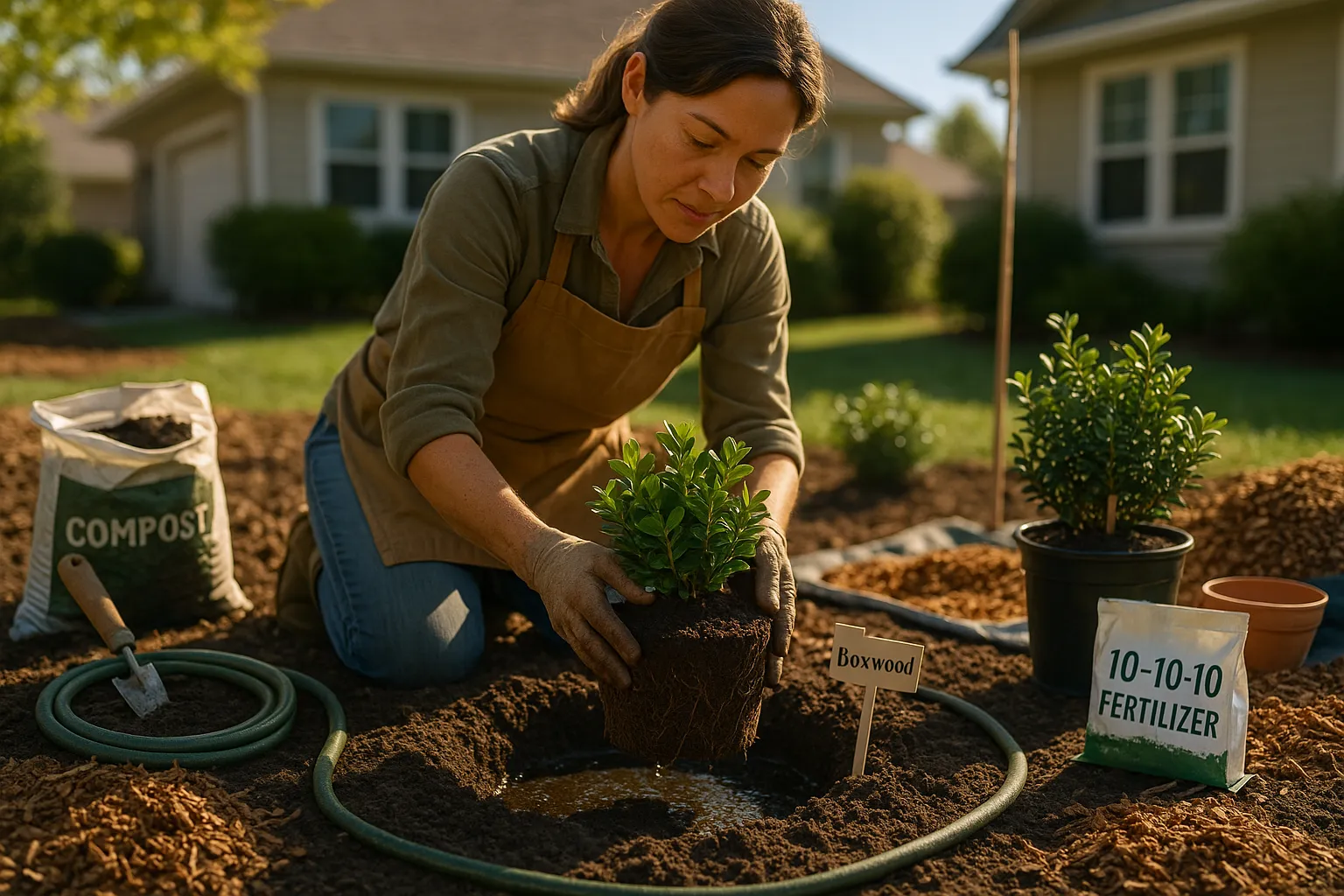Gardener planting boxwood and Ilex crenata with compost, mulch, and watering.