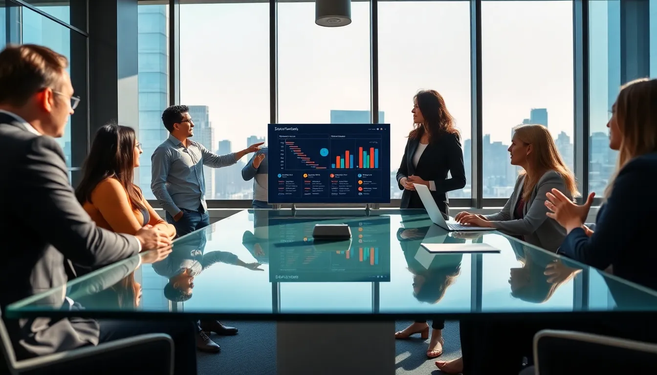 IT team collaborating on software patches in a modern office.