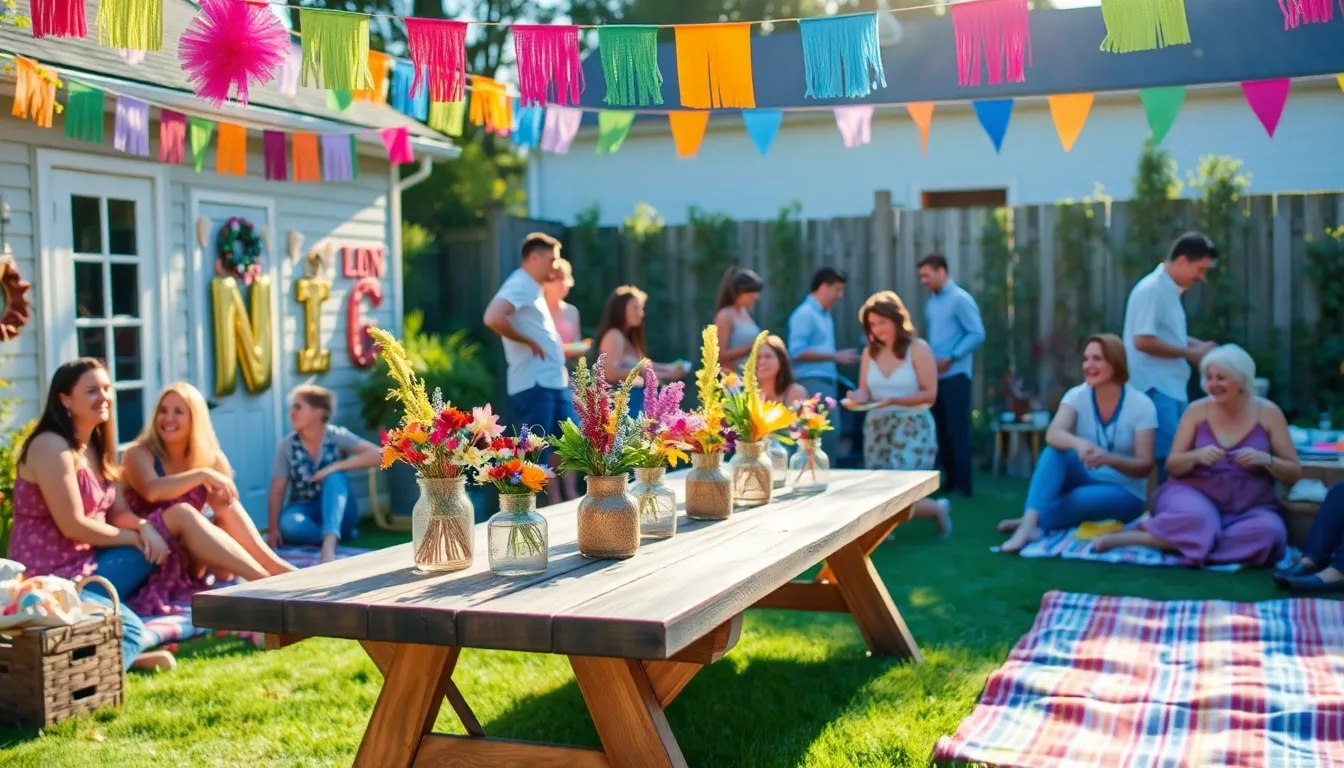 A lively backyard gathering showcasing budget-friendly decorations and happy attendees.