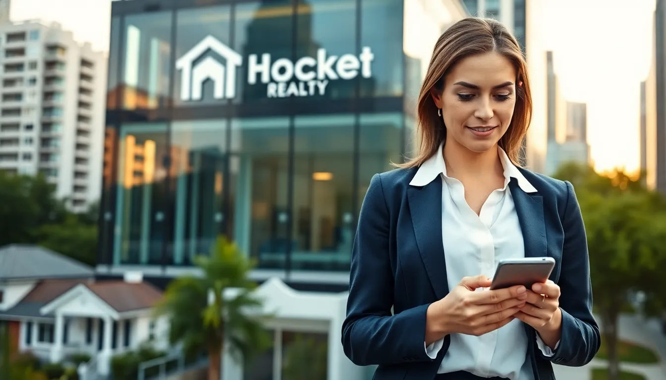 a real estate manager in front of a HomeRocket Realty office building.
