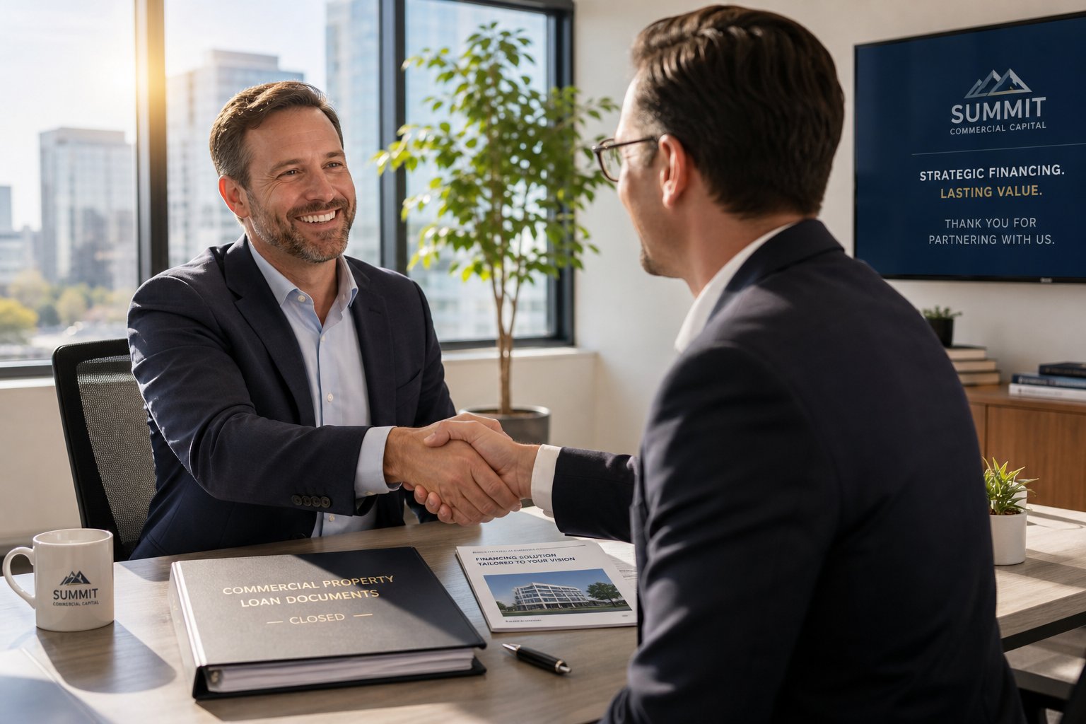 Client shaking hands with a commercial mortgage broker in a bright office after a successful meeting.