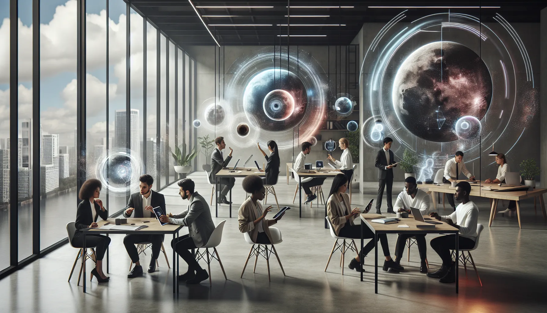 diverse team in a modern workspace discussing lunar projects.