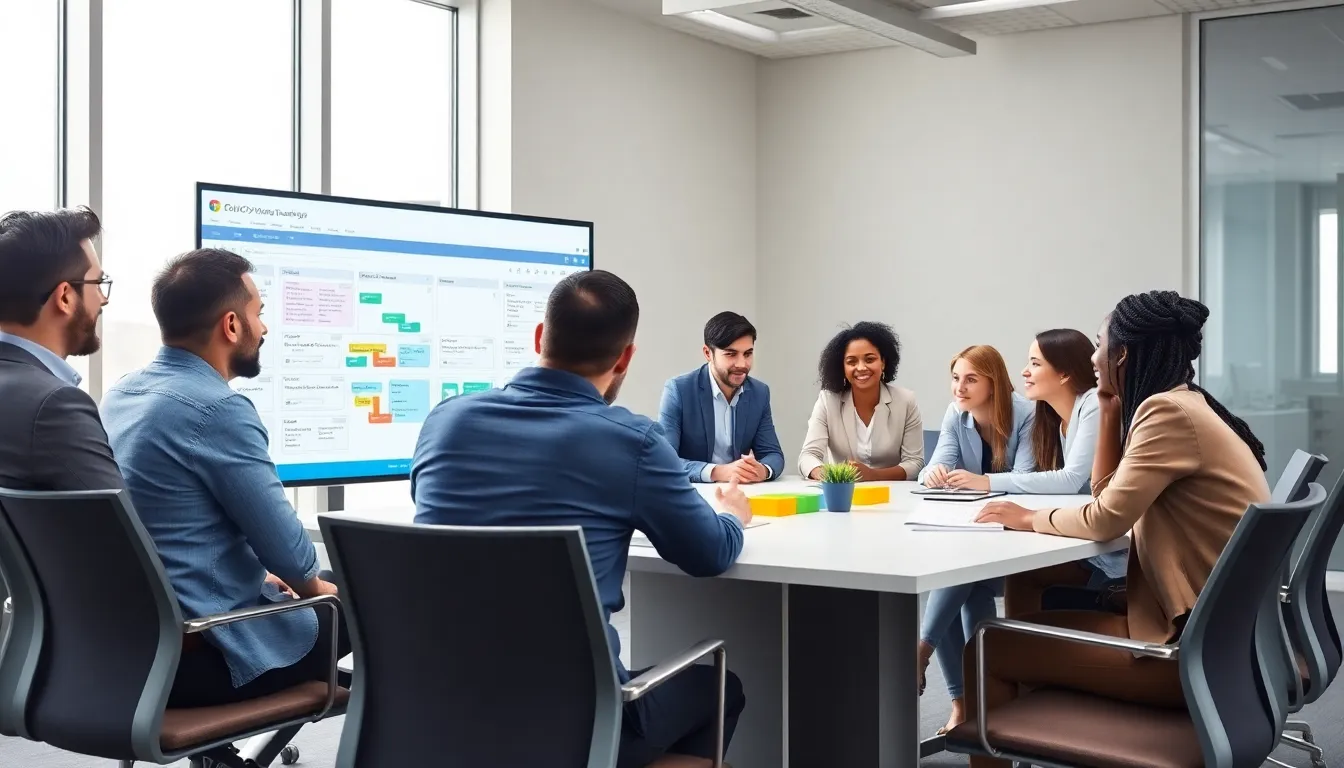diverse team collaborating on low code workflow in a modern office.