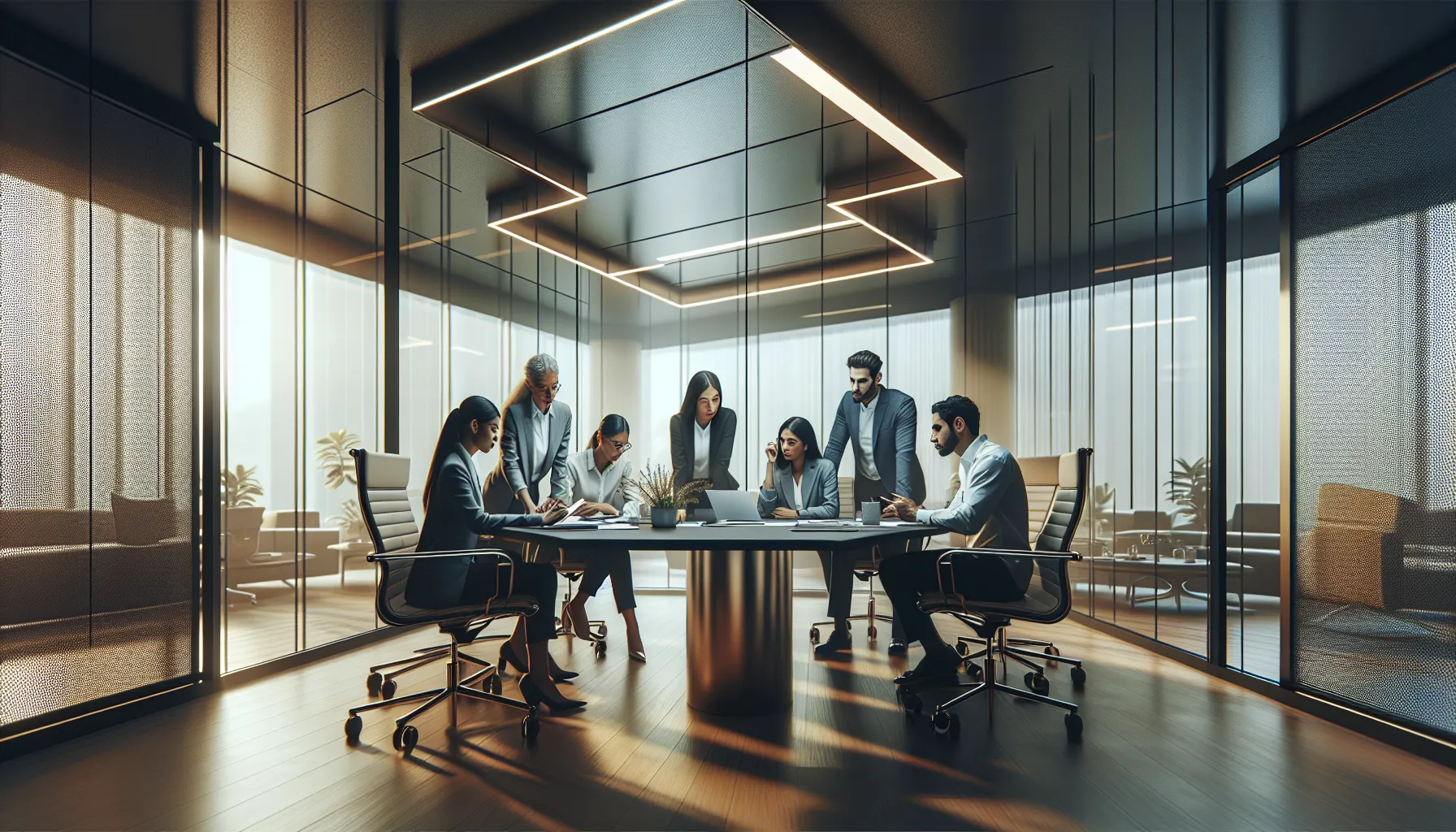 diverse team discussing technology around a conference table.