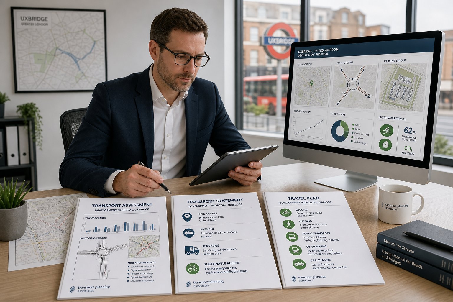 Traffic engineer reviewing transport planning documents in a modern UK office.