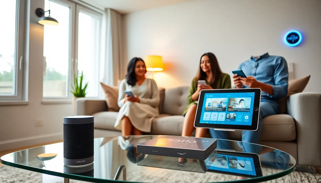family using Amazon smart home devices in a modern living room.
