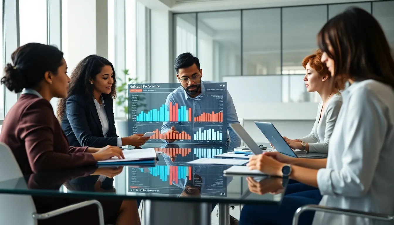 diverse software team collaborating in a modern office setting.