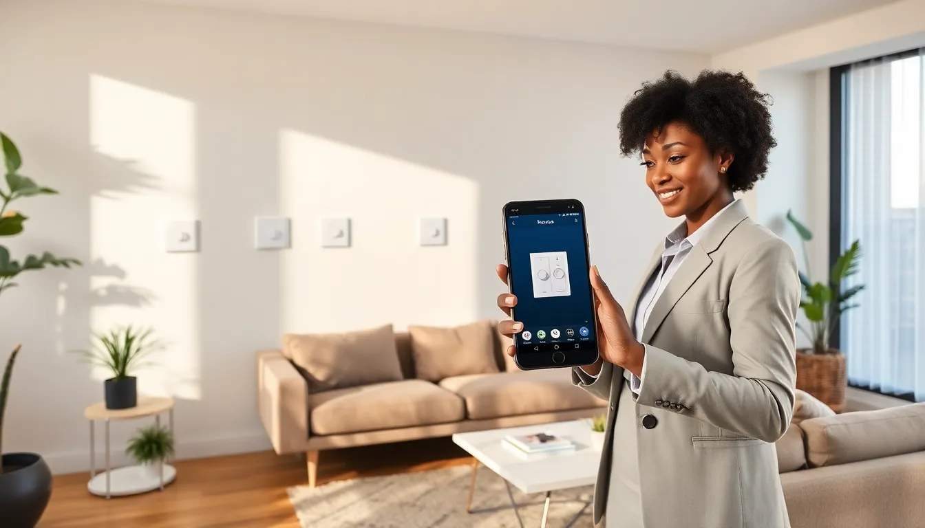 A person using a smartphone to control Kasa smart switches in a modern living room.