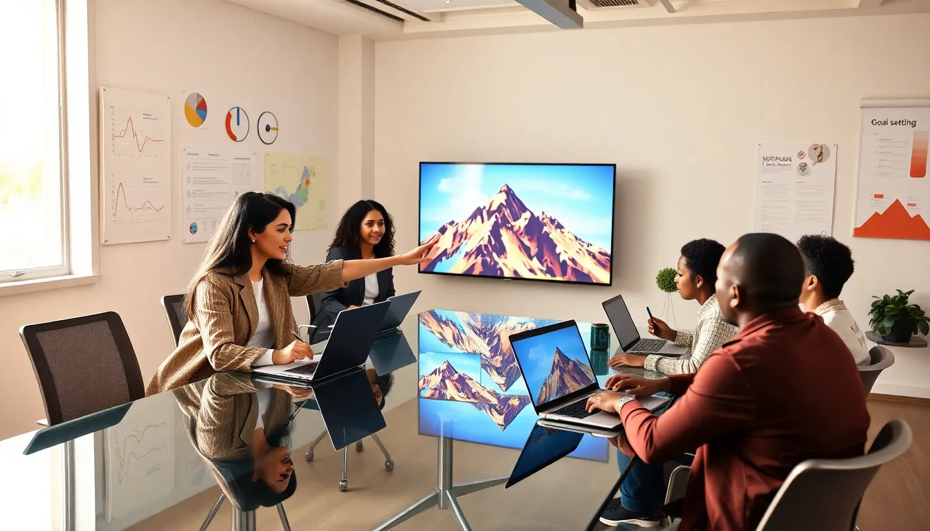 diverse team collaborating on goal setting in a modern office.