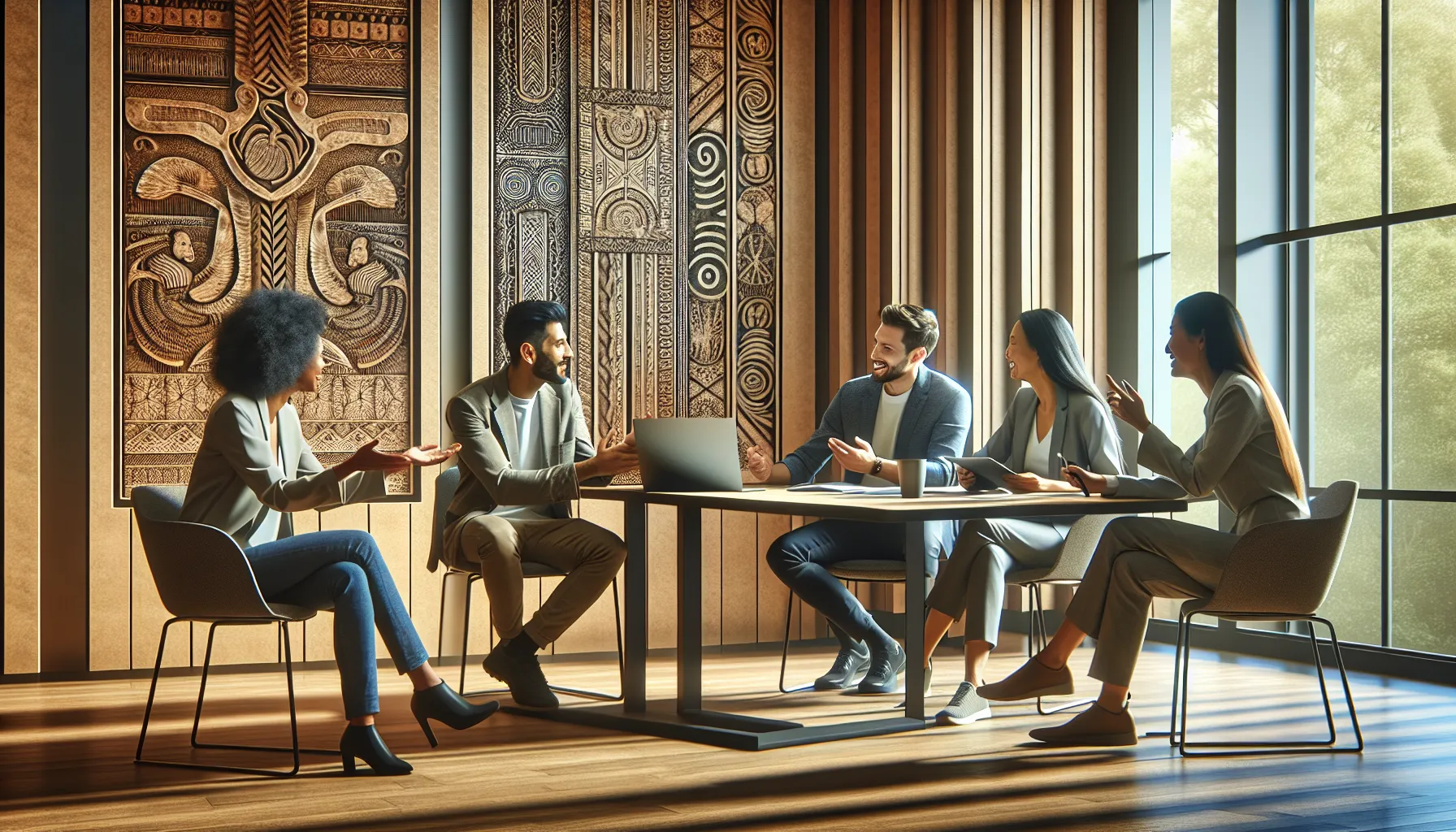 diverse professionals discussing cultural preservation in a modern office.