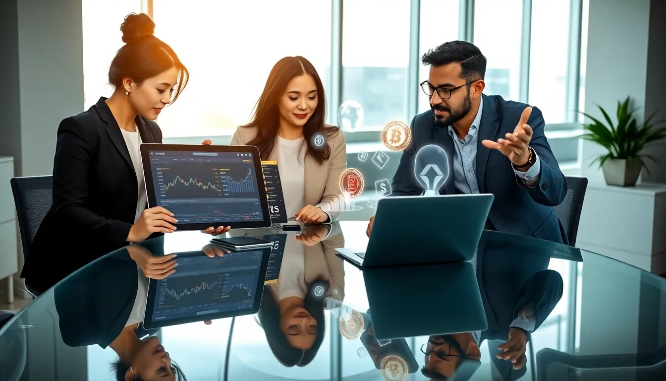 professionals collaborating on digital assets in a modern office.