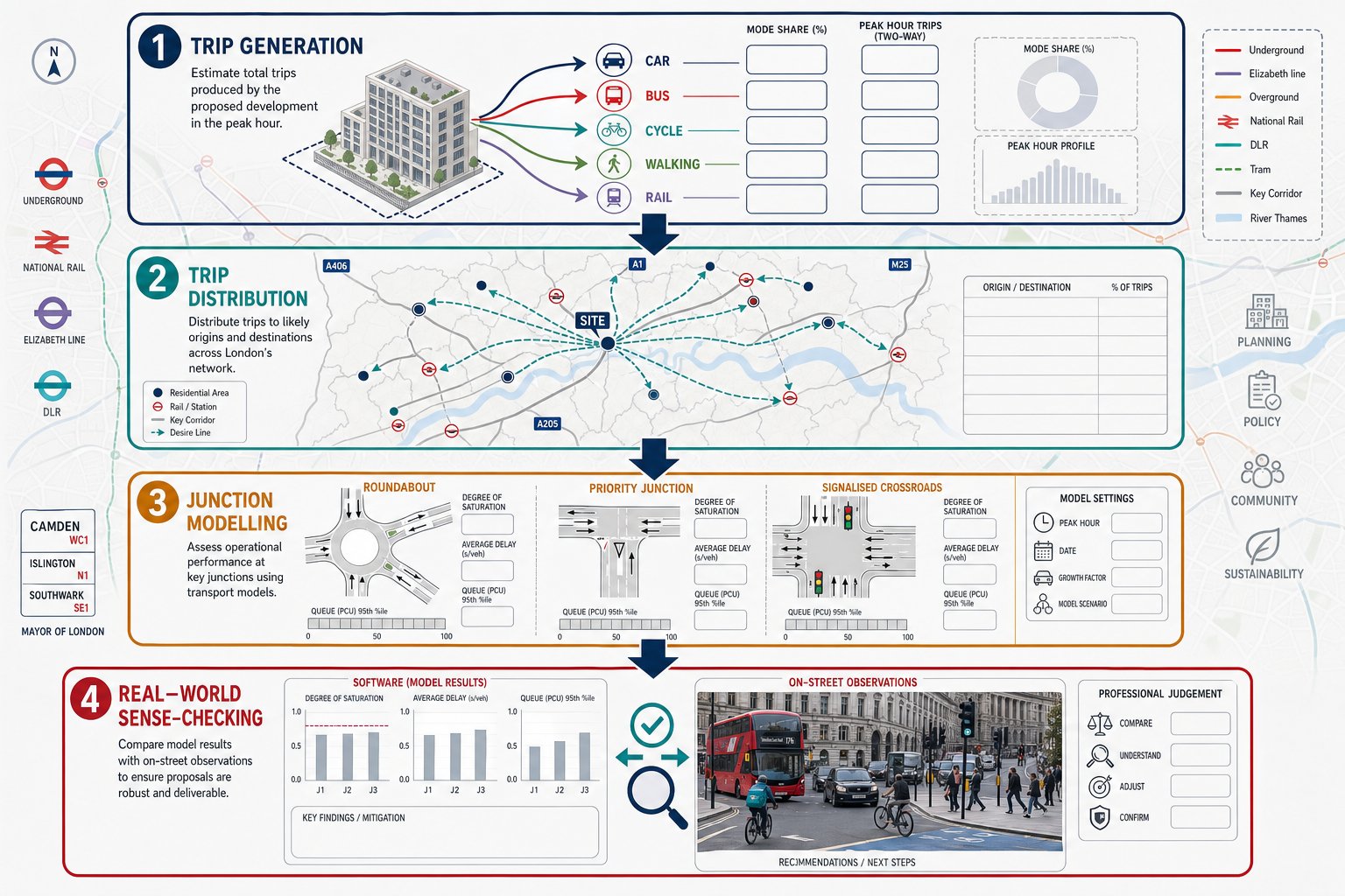 London traffic engineering process showing trip, distribution, junction, and site checks.