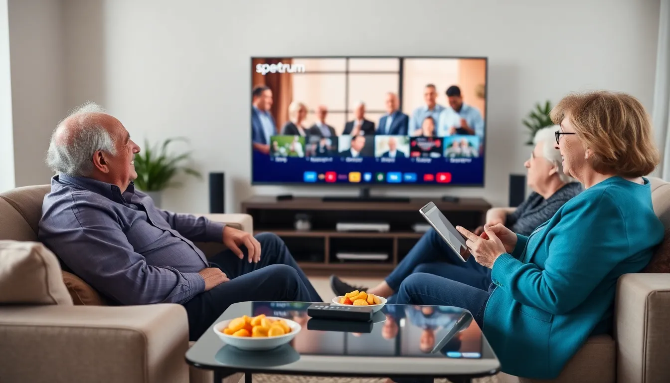 seniors enjoying a streaming TV service in a comfortable living room.