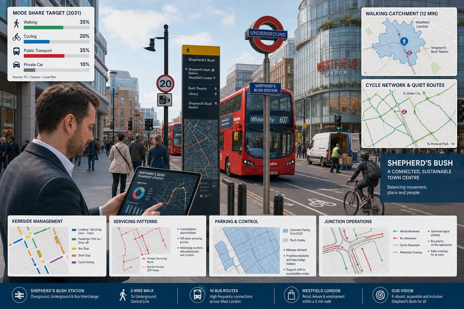 Traffic engineer assessing transport strategy on a busy Shepherd’s Bush street.