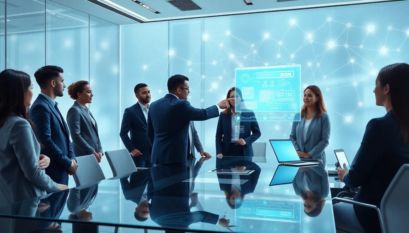 diverse team collaborating in a high-tech workspace.