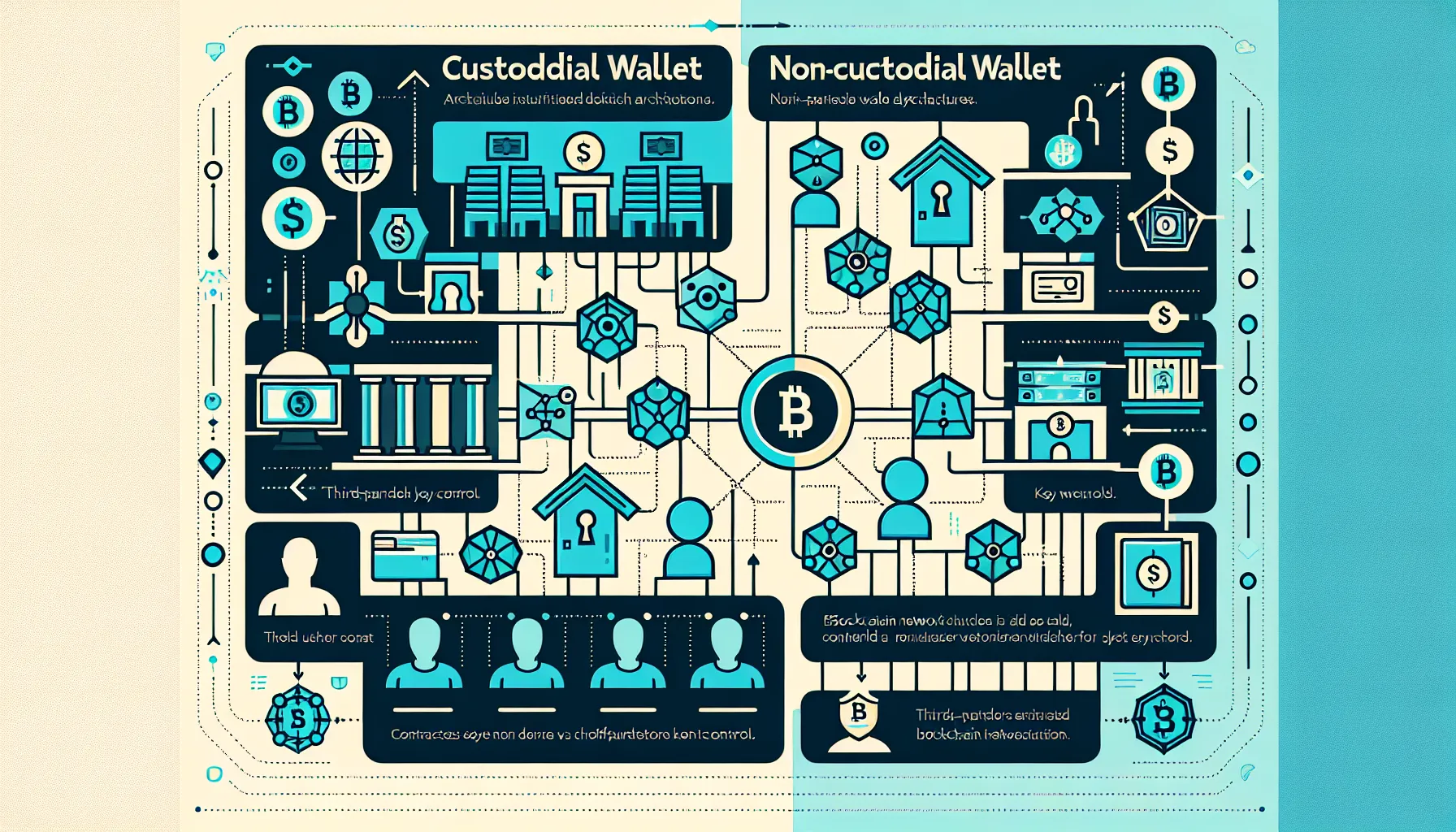 Two-column comparison infographic of custodial versus non-custodial cryptocurrency wallet structures and control models.