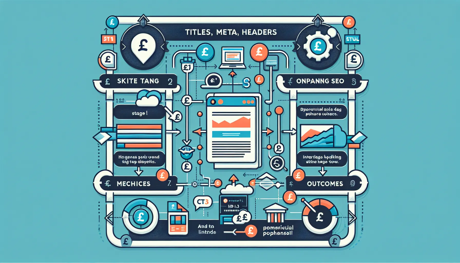 UK-themed process infographic of on-page SEO and keyword optimisation steps.