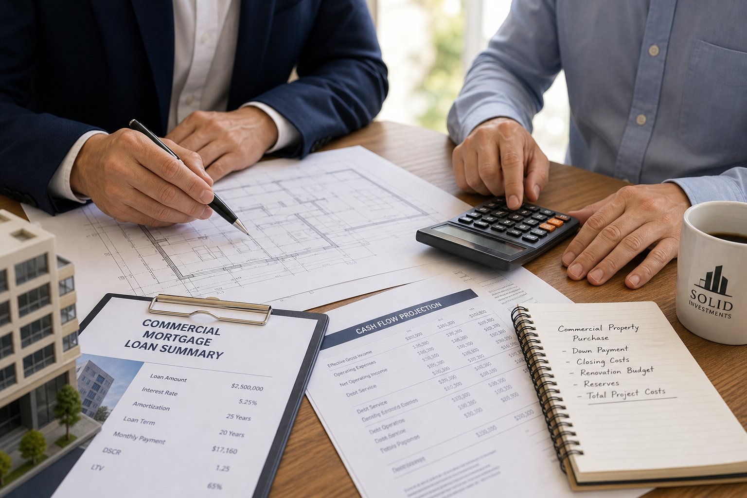 Commercial Mortgage Broker Lytham 9 Close-up of professionals reviewing plans and financial documents for a commercial mortgage.