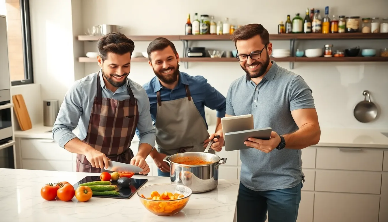 group of men cooking together in a modern kitchen.