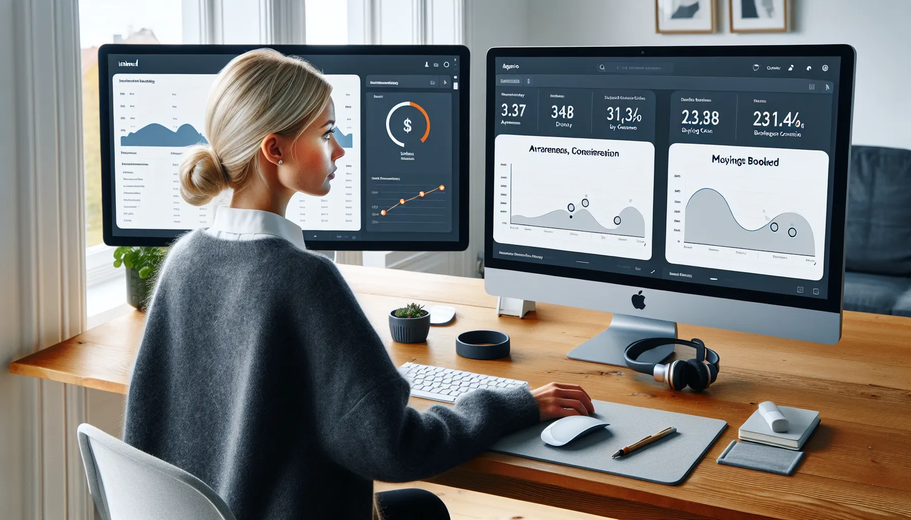 Norwegian marketer compares inbound and abm dashboards in a modern oslo office.