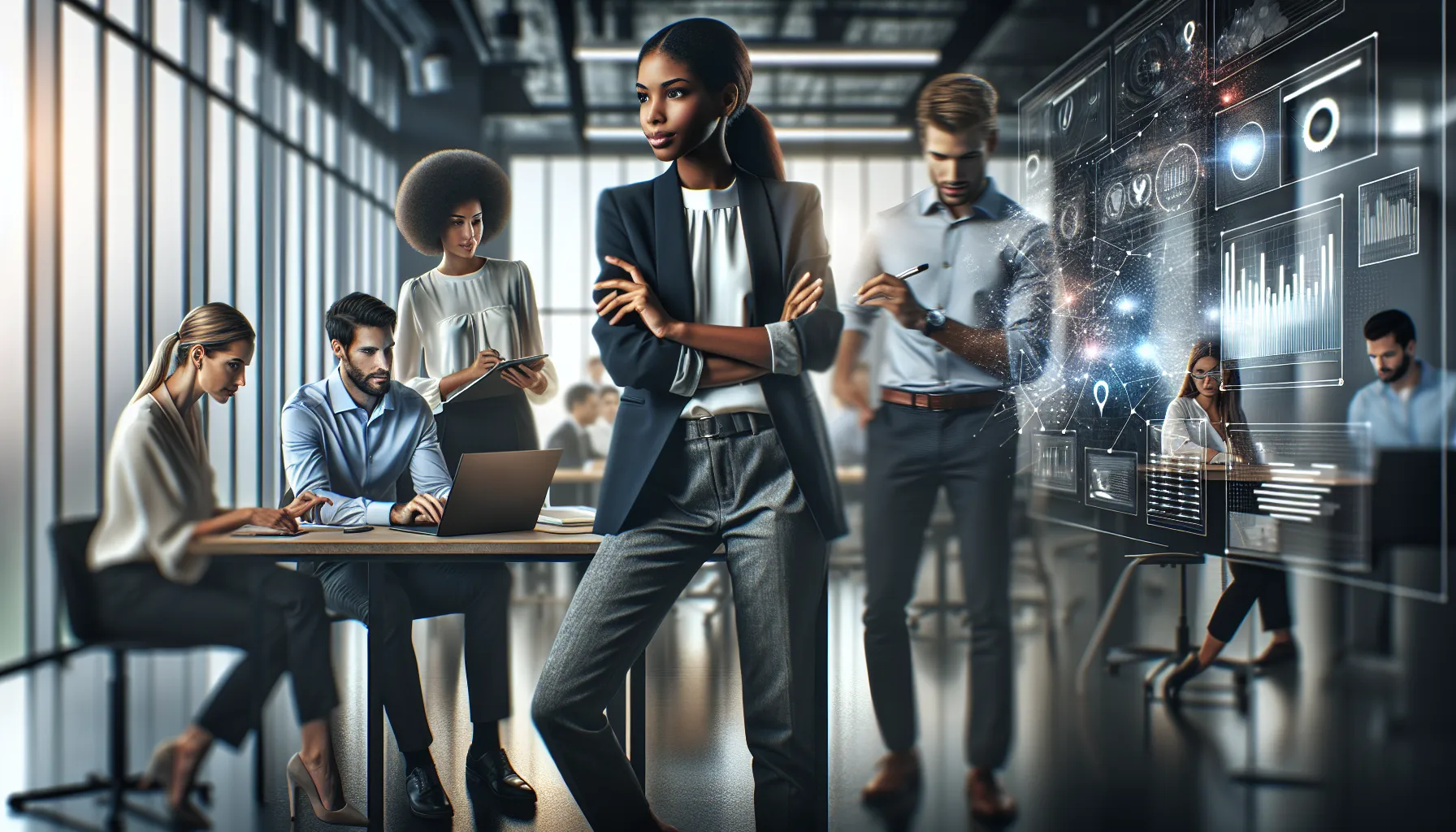 IT professionals discussing data in a modern office setting.