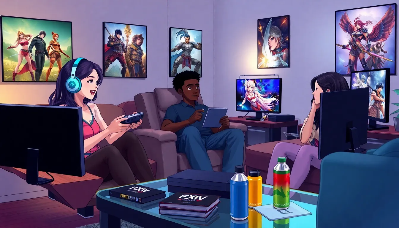 diverse gamers enjoying Final Fantasy XIV in a cozy living room.