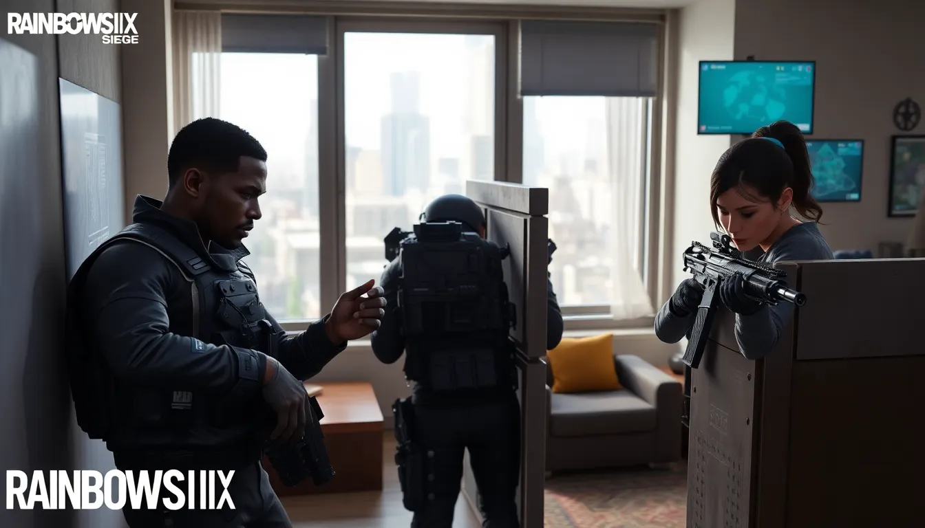 diverse Rainbow Six Siege defenders in a tactical urban setting.