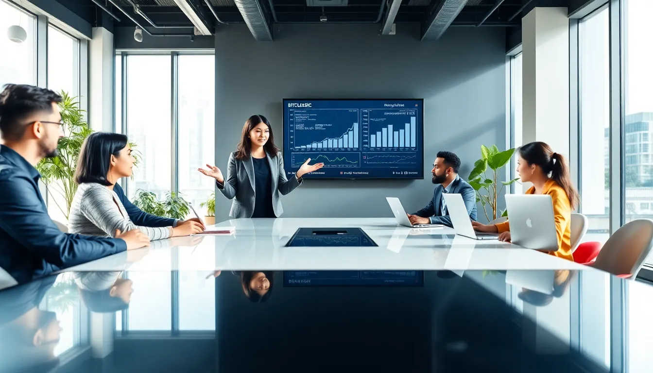 diverse team discussing blockchain solutions in a modern office.