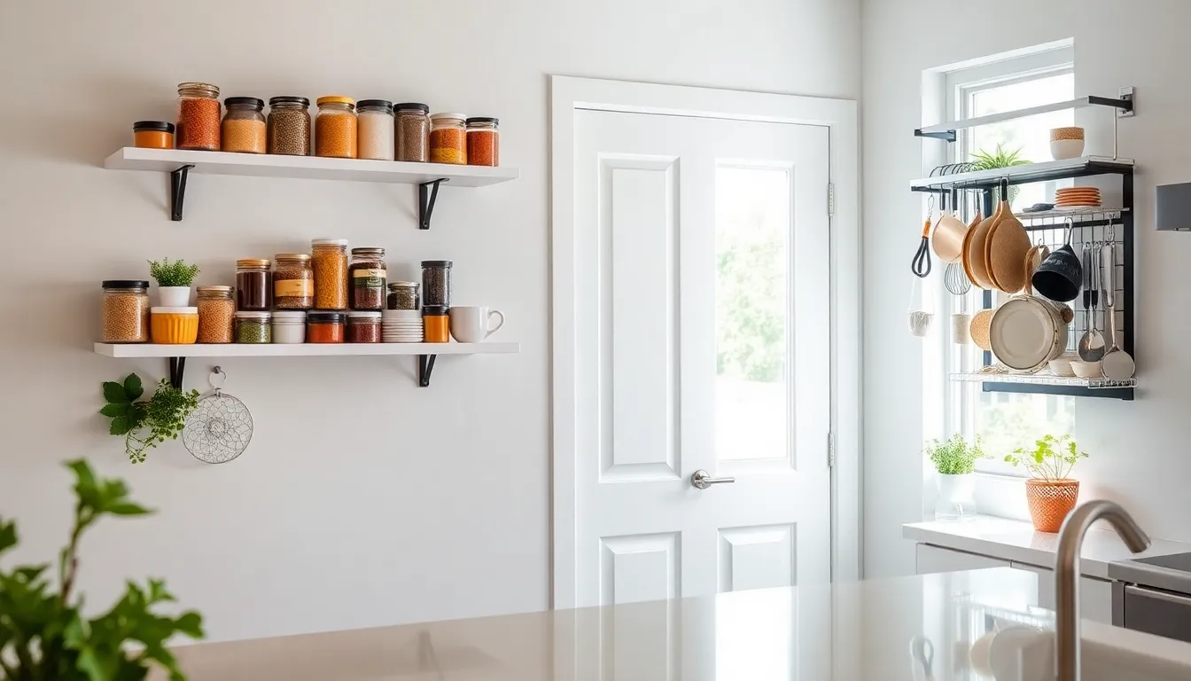 modern kitchen with wall shelves and over-the-door storage solutions.