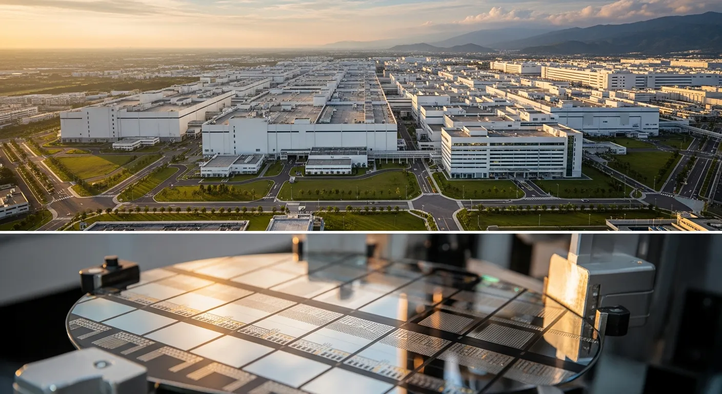 Aerial view of a large semiconductor fabrication facility with a silicon wafer in foreground.