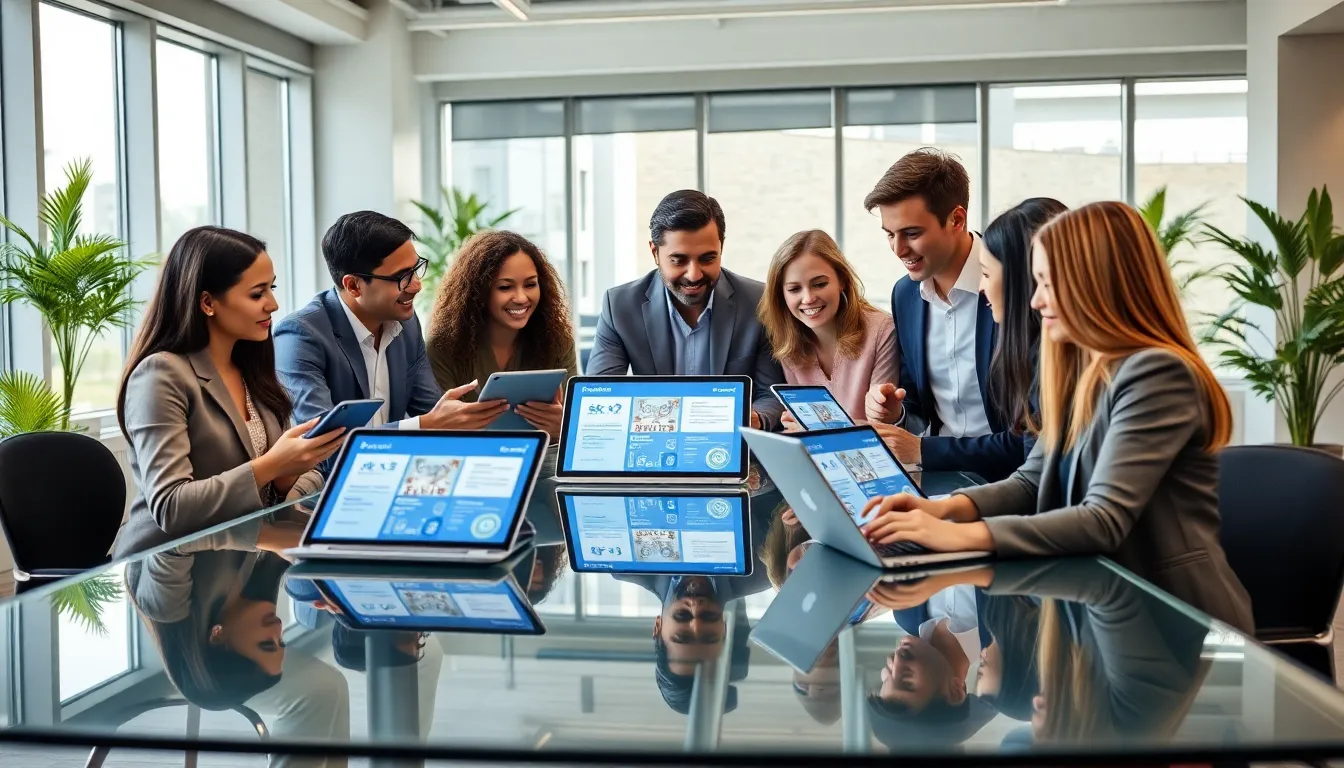 diverse team discussing Sky Mobile phone deals in a modern office.