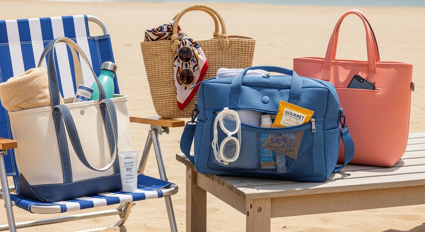 Stylish beach bags with summer essentials on a sunny beach.