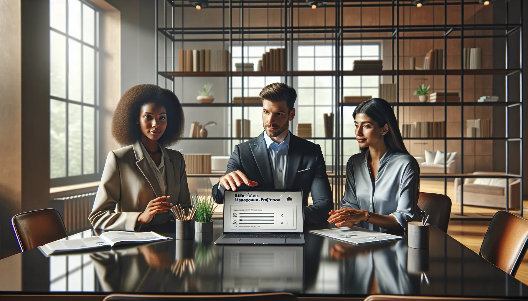 diverse professionals discussing newsletter subscription management in a modern office.
