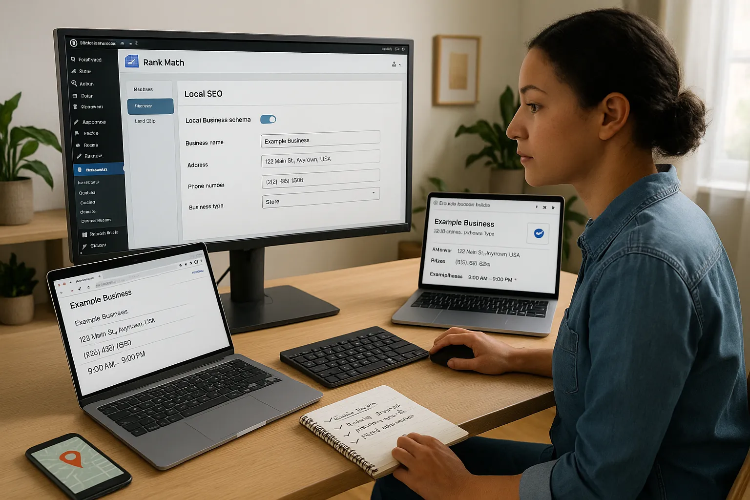 Business owner aligning Rank Math Local SEO with Google Business Profile on screens.