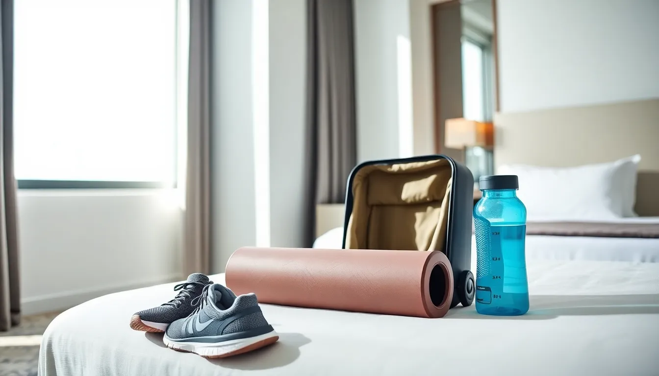 travel foam roller in a modern hotel room with suitcase and sneakers.