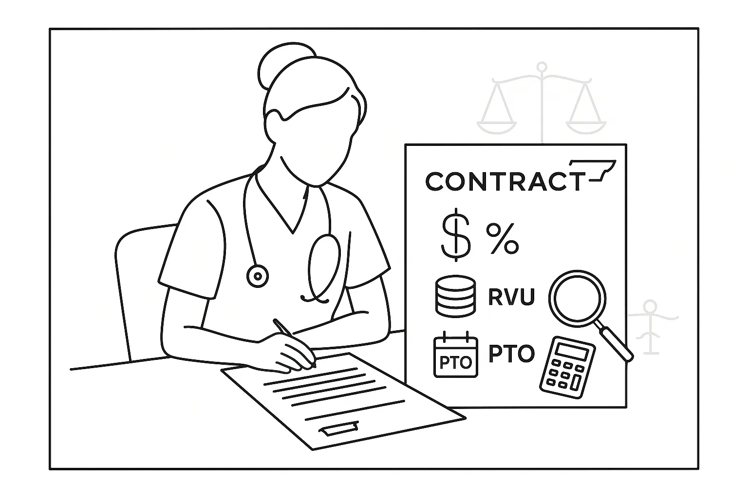Nurse practitioner at a desk reviewing a compensation contract with financial icons.