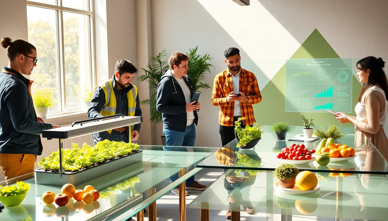 diverse team collaborating on food tech innovations in a modern workspace.