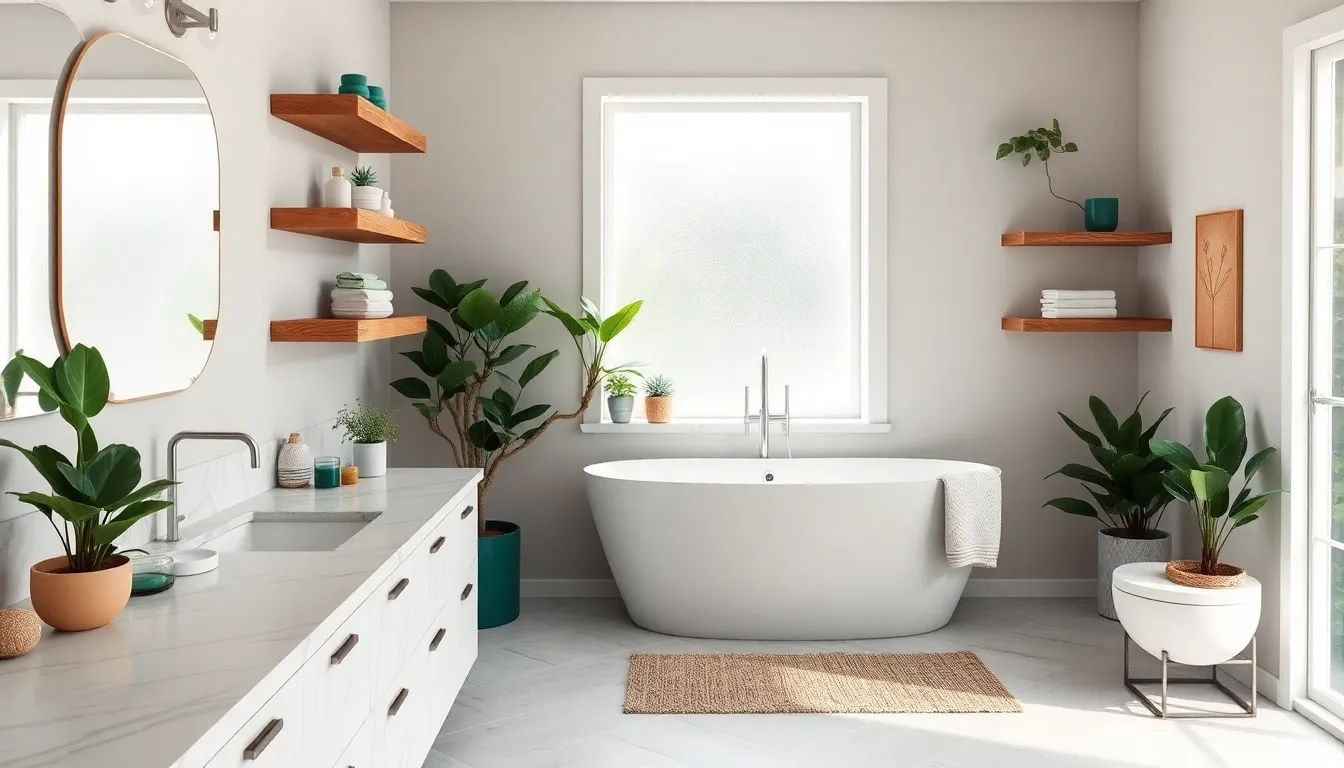 modern bathroom interior with marble and wood accents.