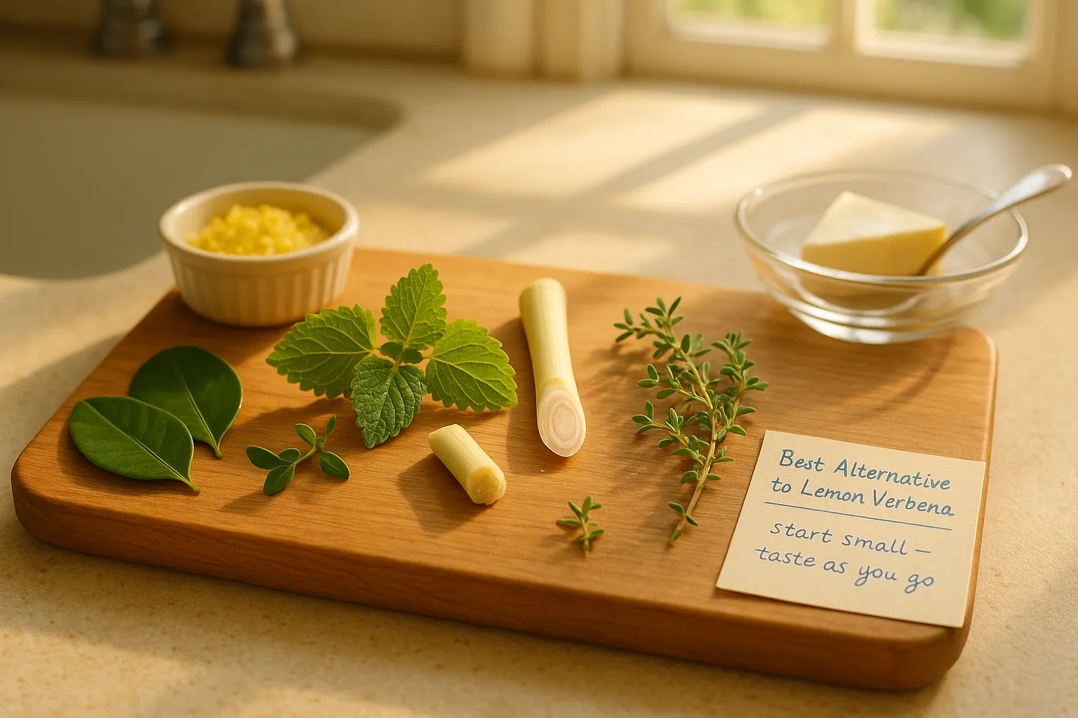 three herbs (lemon balm, lemongrass, lemon thyme) on a sunlit cutting board