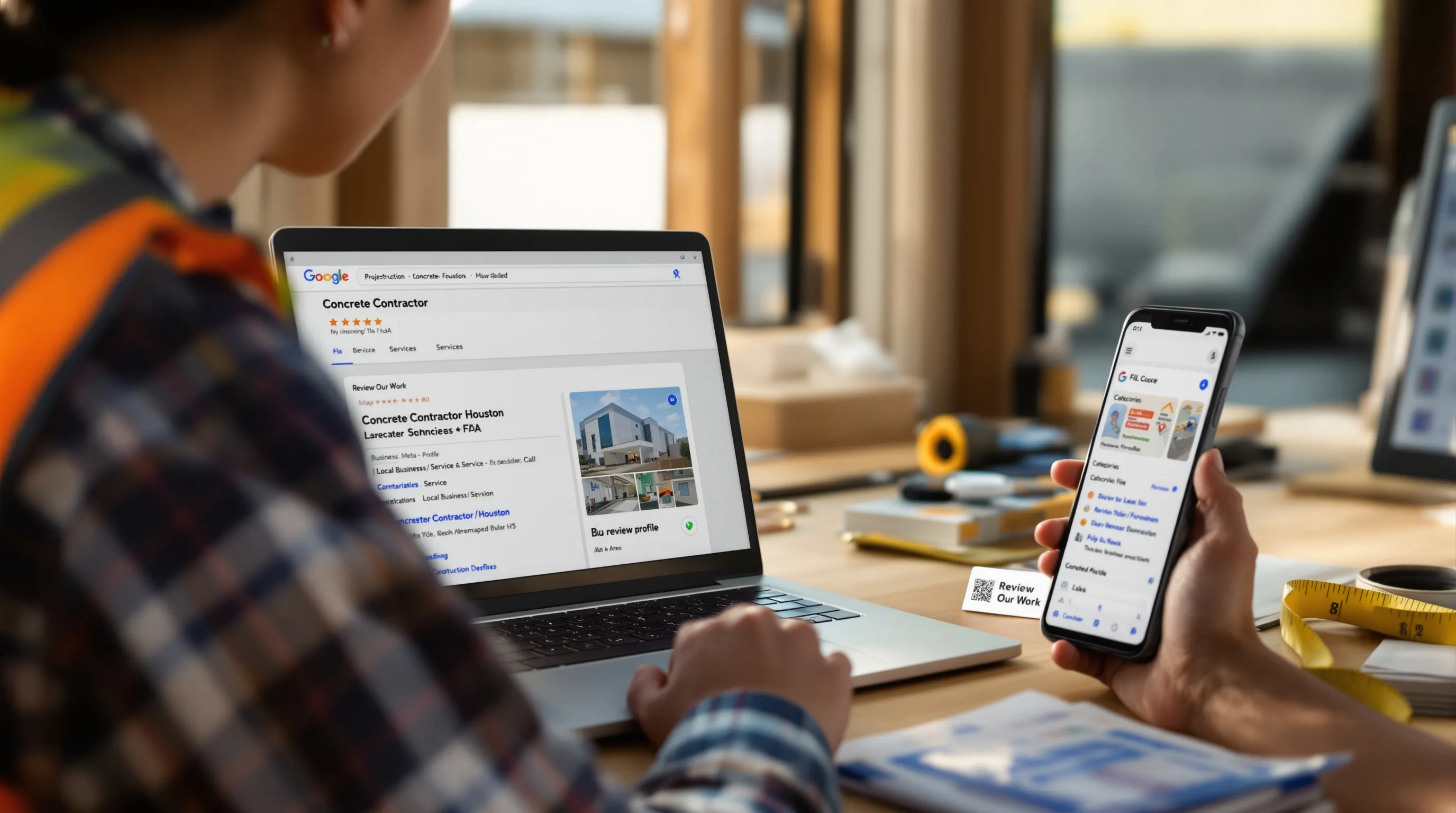 Contractor refines local SEO on laptop with map pack, schema, and reviews.