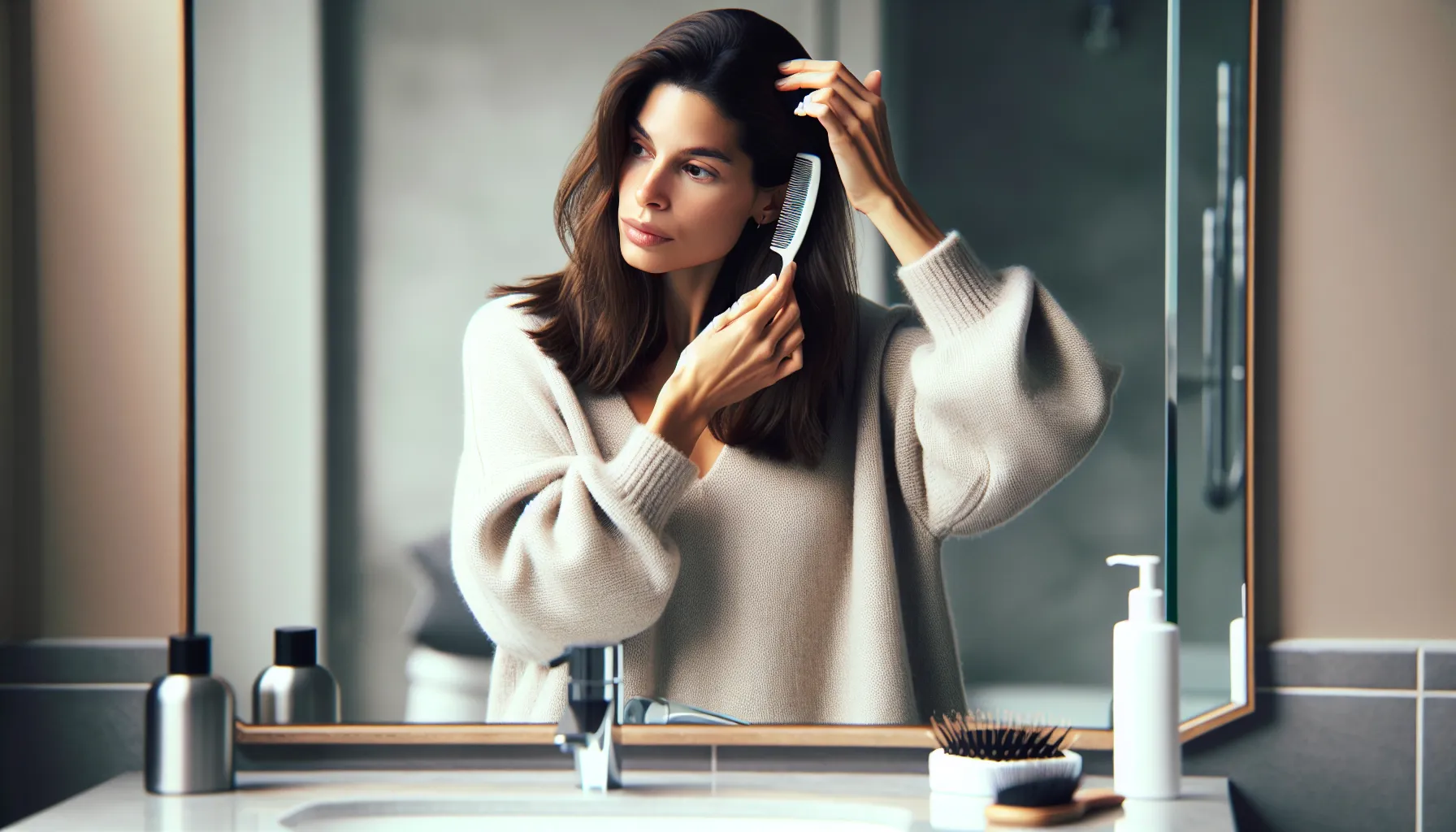 A woman examines her scalp for nits and dandruff in a bathroom.