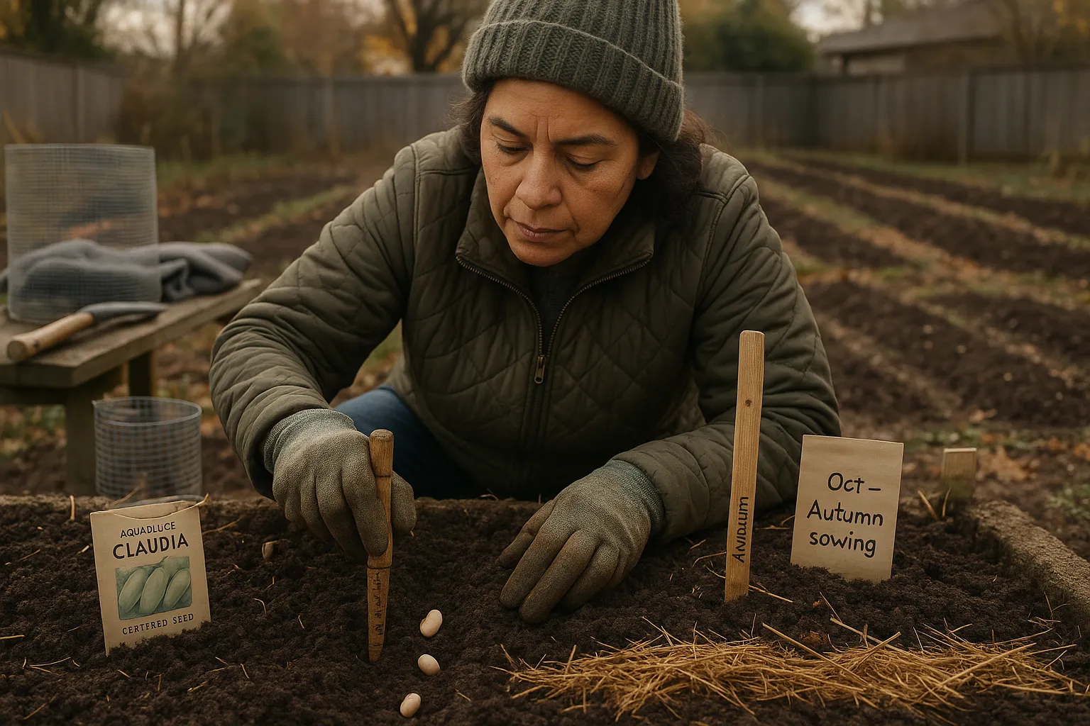 Gardener planting broad bean seeds in a prepared raised bed, autumn afternoon.