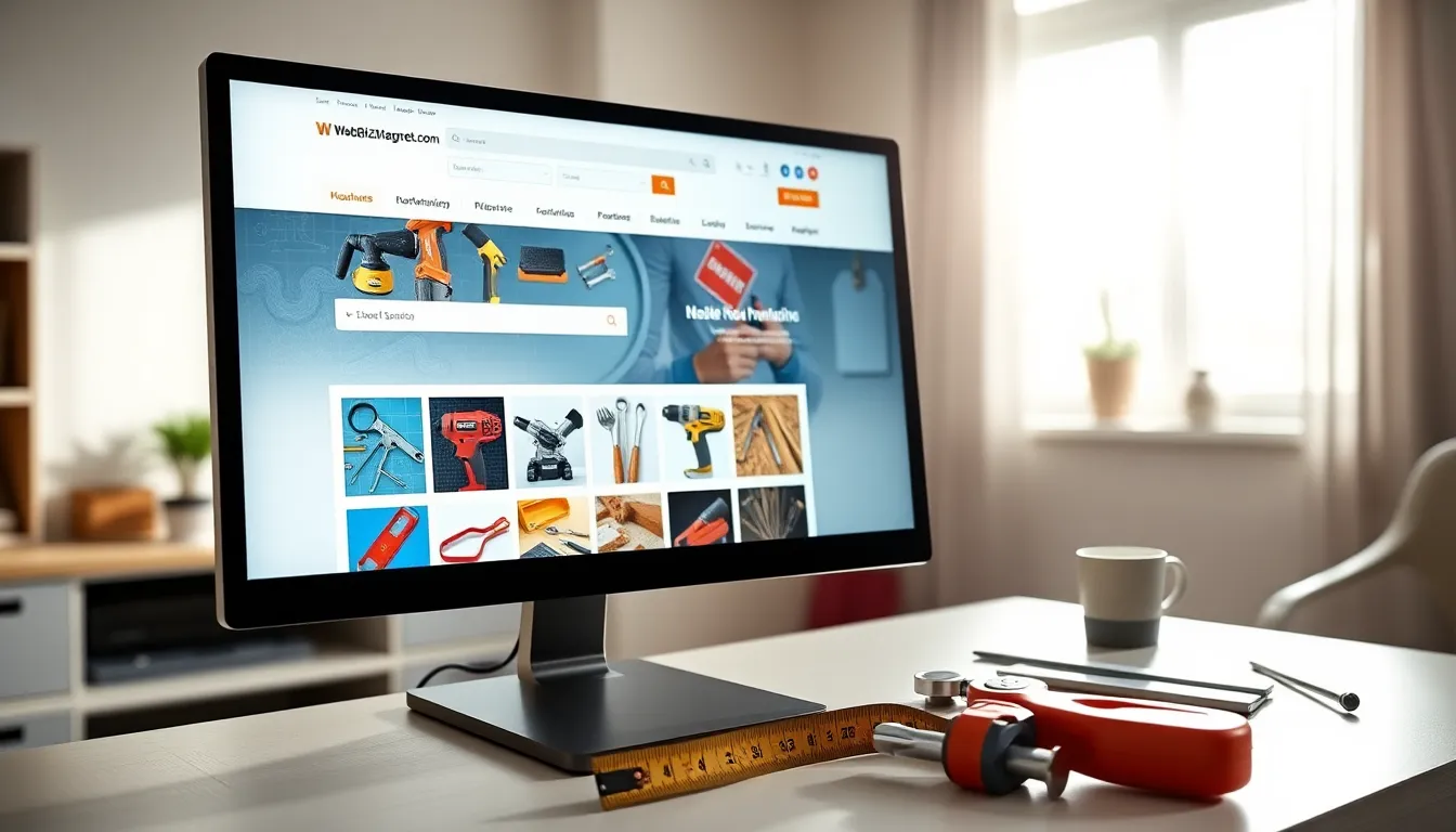 A computer displaying the WebBizMagnet.com homepage with hardware tools.