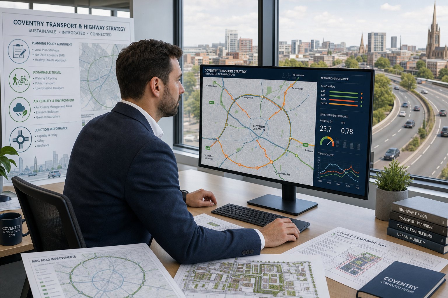 Traffic engineer reviewing Coventry transport plans in a modern office.